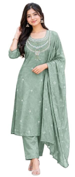 Sage Green Embroidered Kurta Pant Set with Dupatta