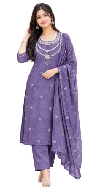 Lavender Purple Embroidered Kurta Pant Set with Dupatta