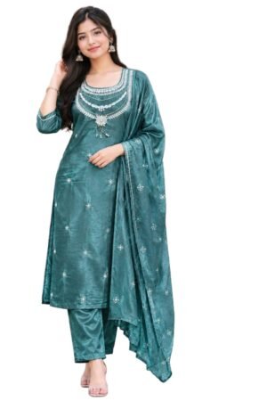 Peacock Teal Embroidered Kurta Pant Set with Dupatta