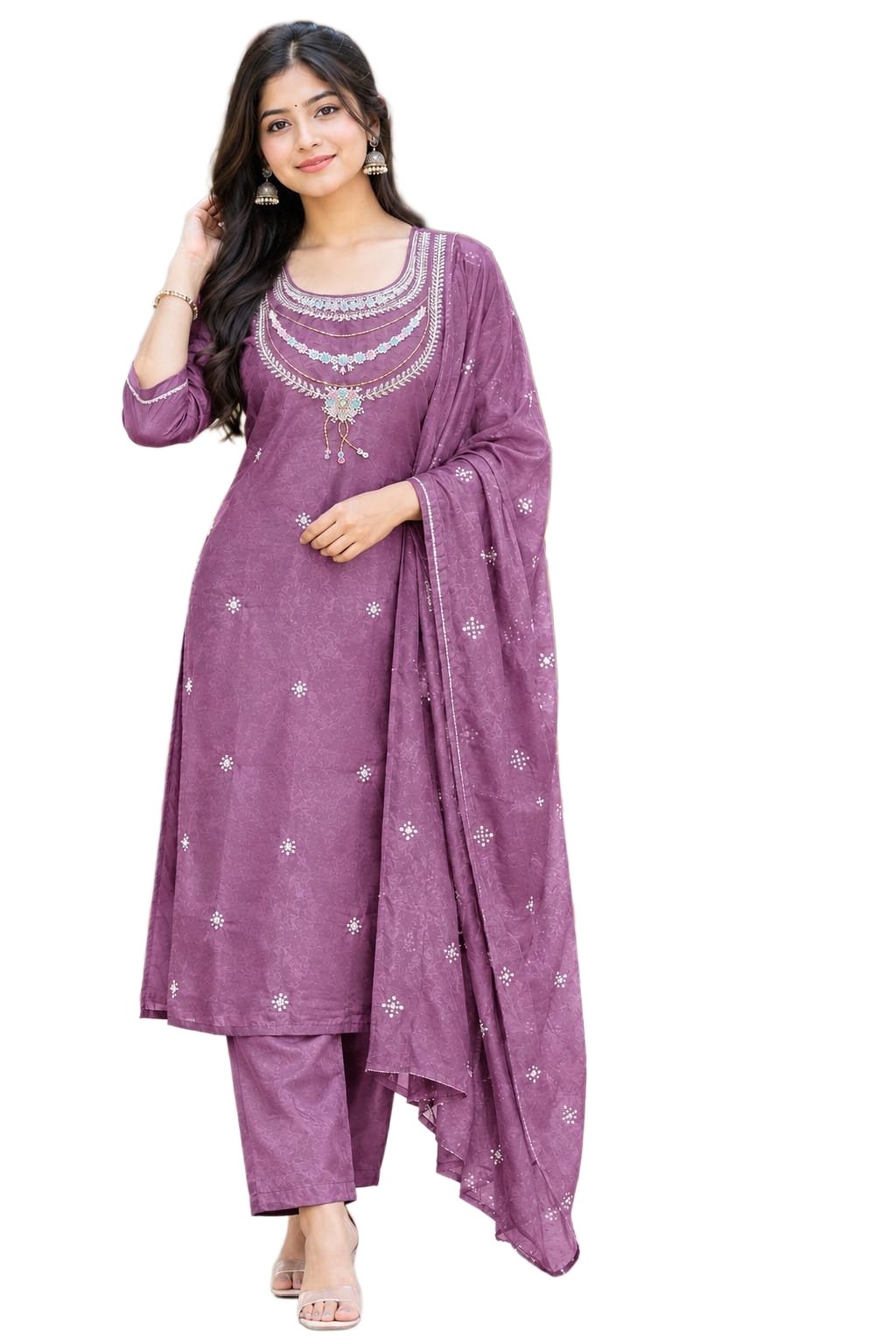 Plum Purple Embroidered Kurta Pant Set with Dupatta