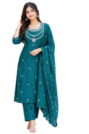 Teal Blue Embroidered Kurta Pant Set with Dupatta