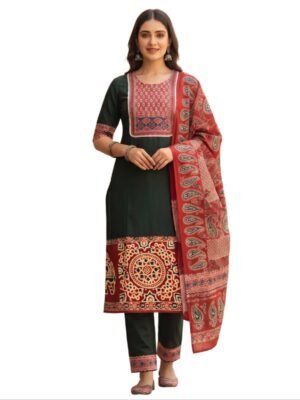 Dark Green Dabu Cotton Kurta Set