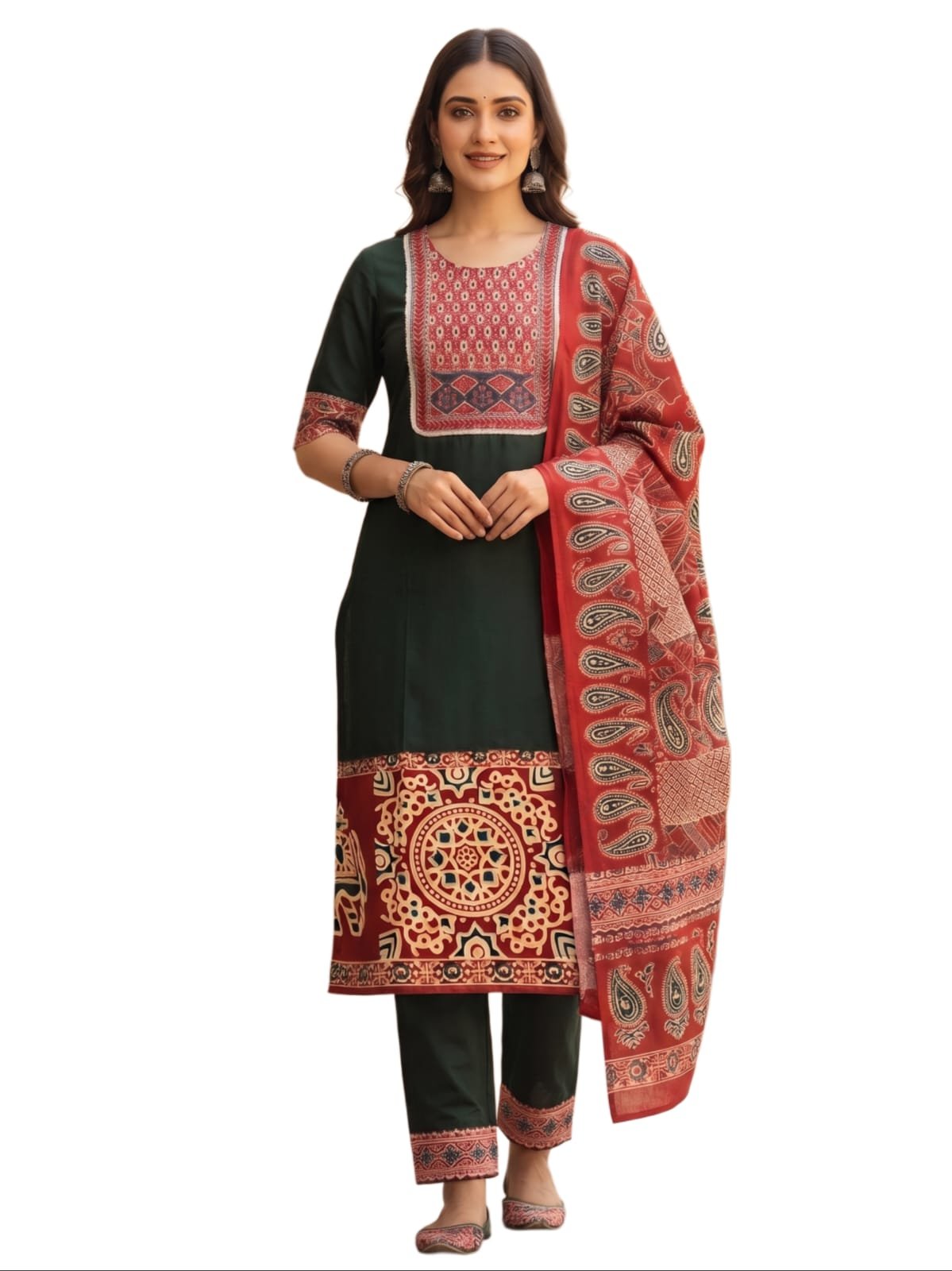 Dark Green Dabu Cotton Kurta Set