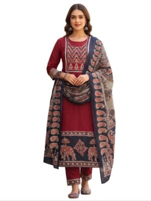 Maroon Dabu Cotton Kurta Set